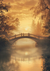 Serene Sunrise Over Misty River and Bridge