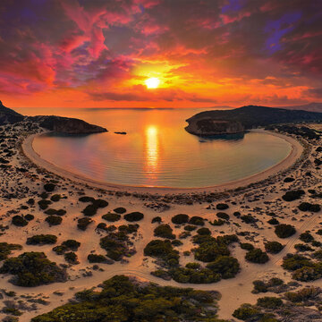 Romantic sunset on the beautiful Voidokilia beach with clouds, Ionian Sea, Pilos, Greece