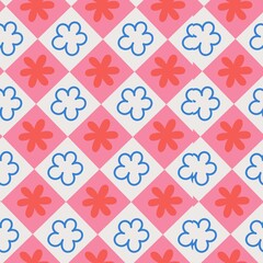A repeating pattern of pink squares with flowers and white squares with blue cloud shapes design