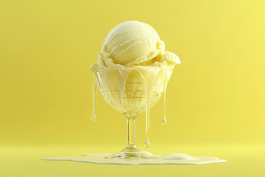 Melted ice cream in a glass dish.