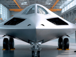 Futuristic stealth aircraft inside spacious hangar with two engineers in white uniforms and yellow helmets standing beside the nose
