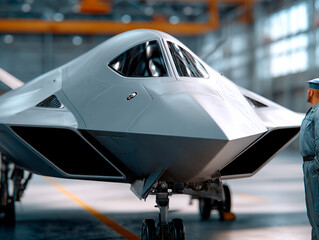 Futuristic stealth aircraft in hangar with two uniformed personnel inspecting the advanced jet from the front side