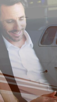 Smiling business people talking over private jet animation