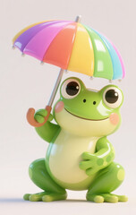Obraz premium Adorable Cartoon Frog Holding a Vibrant Umbrella with Happy Expression and Big Eyes – Perfect for Children’s Illustrations, Rainy Day Concepts, and Whimsical Nature-Themed Designs