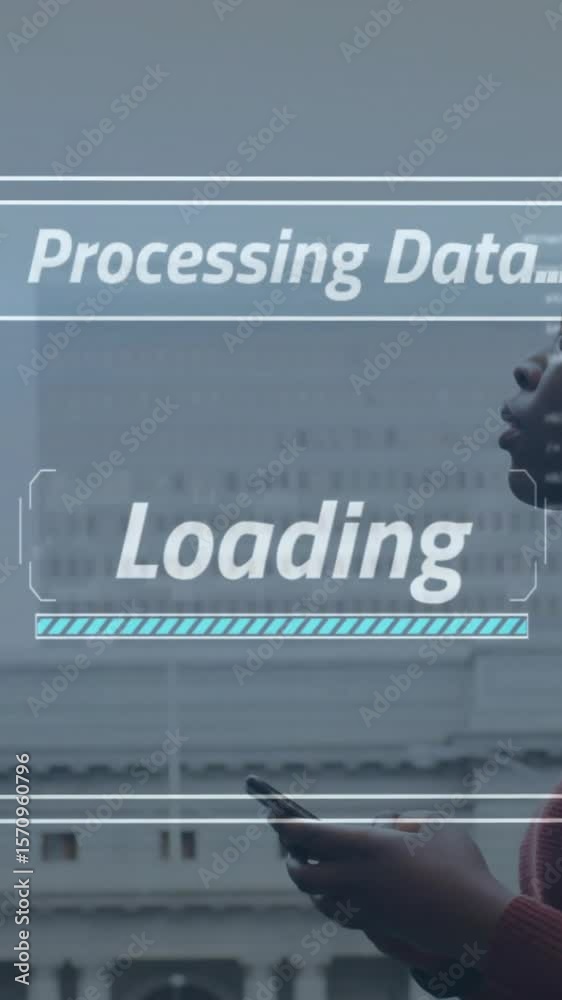 Poster processing data and loading animation over person with headphones holding smartphone