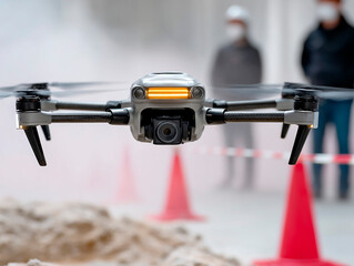 Drone with camera hovering at construction site near sand pile and safety cones, with two workers in helmets observing in background