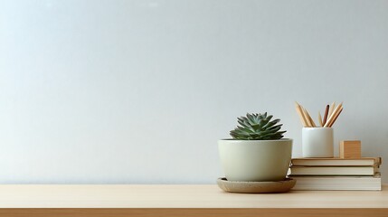 Minimalist workspace with succulent, books, and pencils.
