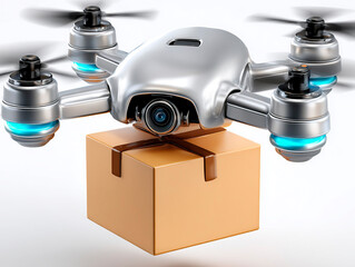 Metallic delivery drone with glowing blue lights carrying a cardboard package mid-flight against a clean white background