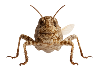 Brown and white mottled grasshopper nymph with short wings and long hind legs