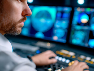 Focused male operator controlling complex navigation system with multiple digital displays and control panels in a high-tech operations center