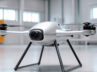 Sleek silver quadcopter drone with camera and extended landing gear positioned on a glossy floor inside a modern industrial facility