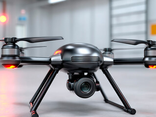 Black quadcopter drone with red LED lights and mounted camera standing on landing gear in a modern industrial facility