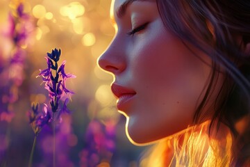 Fototapeta premium Close-up of a person smelling a flower in the sunlit meadow.