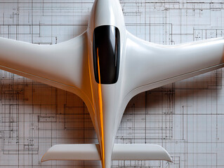 Sleek white aircraft model with black cockpit canopy placed over technical blueprints on a wooden floor, viewed from above