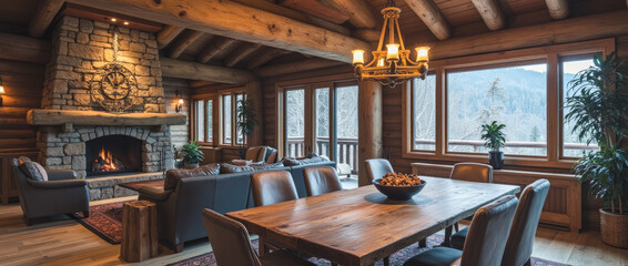 Rustic Open-Plan Living and Dining Area with Cozy Cabin Atmosphere and Large Stone Fireplace