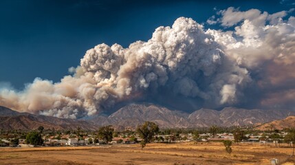 A wildfire in the distance, sending massive smoke clouds into the sky.