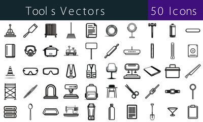 50 Outline Icons – Safety, Tools, Kitchenware, Construction, Utilities
