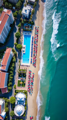 Malaga Spain Top-Down View of Beachside Promenades with Luxurious Pools and Sun Umbrellas