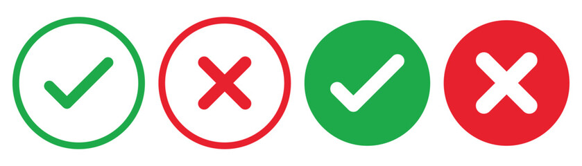 Fototapeta premium Check mark icon button set. Check box icon with right and wrong buttons and yes or no checkmark icons in green tick box and red cross. Isolated checkmark symbol, right and wrong sign concept. Icon.