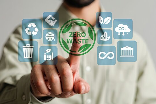 Person touching a digital interface with icons representing zero waste recycling sustainability and environmental protection concepts