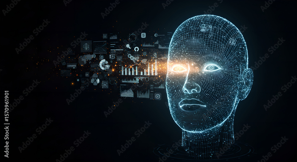 Poster computer generated wireframe face with glowing eye showing data analysis, artificial intelligence co