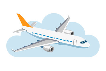 Modern passenger airplane with orange tail flying through stylized clouds in a clear sky