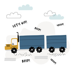 Vector image of a truck with a trailer. Children's illustration for prints, decorations, stickers, games, preschool activities.
