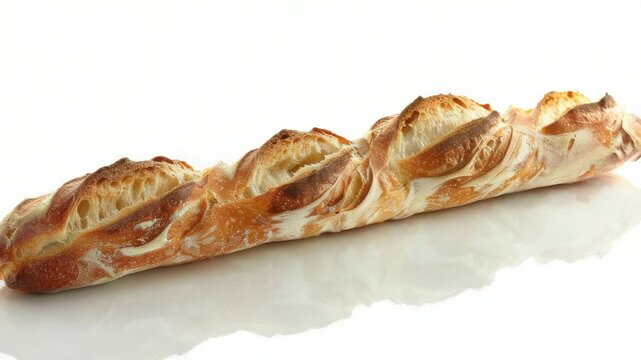 A picture of a long loaf of bread placed on a clean and bright white surface, ideal for food or baking related uses