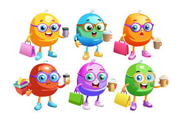 Obraz premium Six colorful cartoon characters with glasses holding coffee cups and shopping bags