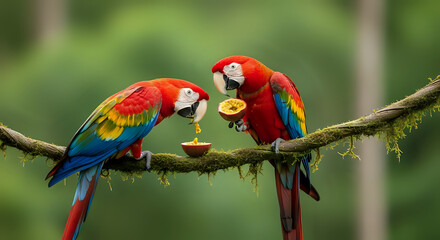 Fototapeta premium Scarlet macaws on a branch enjoy passion fruit in a vibrant scene, displaying colorful plumage against a lush, natural green backdrop.