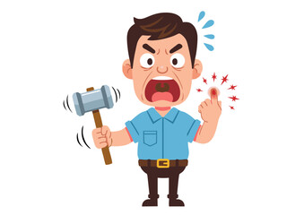 Cartoon Man Accidentally Hitting His Finger with Hammer – Angry and Painful Expression, DIY Injury, Home Repair Accident, Safety Hazard Concept in Flat Vector Illustration Style