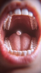 Macro shot of human mouth wide open with pill levitating over tongue in shallow focus, perfect for medical ads, pharmaceutical visuals and health communication concepts