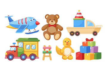 Obraz premium Collection of colorful cartoon toys including a teddy bear airplane train truck animal and blocks