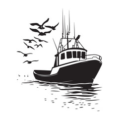 Naklejka premium Commercial Fishing Boat Silhouette Illustration Seagulls Flying Maritime Scene 