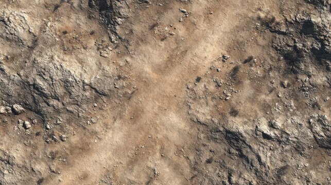 Top view of dry rocky dirt texture with crisscrossed path lines, ideal for 3D game level design, desert environment maps and terrain material references