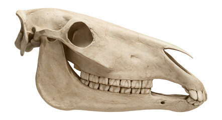 Horse skull with elongated face and cheek teeth visible