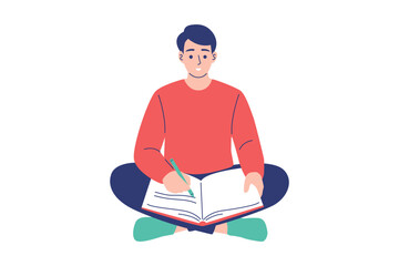A young man sits cross-legged on the floor, focused on writing or drawing in a notebook, illustrating concepts of studying, journaling, and creativity.