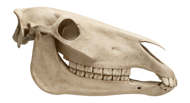 Horse skull with elongated face and cheek teeth visible