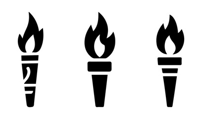 Torch Icon Set – Burning Flame, Symbol of Light, and Fire Torch in Black Silhouette Style.