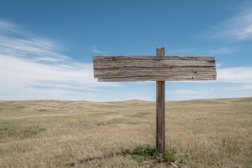 Naklejka premium Rustic Wooden Sign Post on Open Grassland Under Blue Sky.