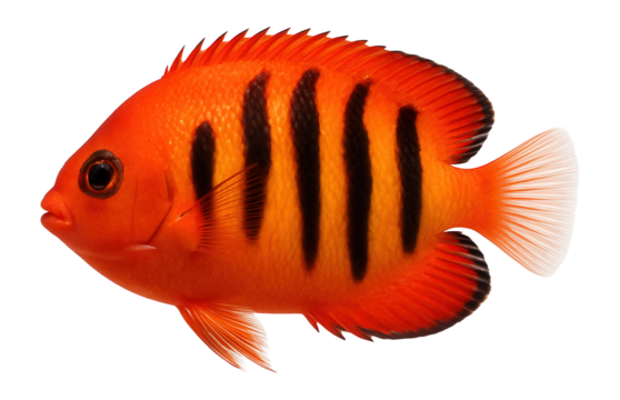 Flame angelfish with a bright orange body and vertical black bars along its sides