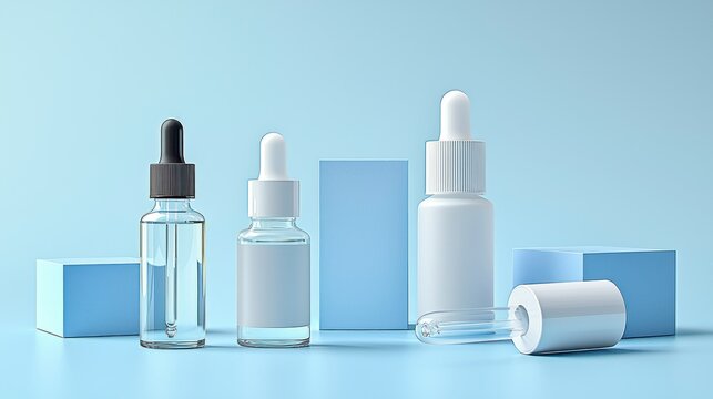 Serum bottles with droppers, blue blocks, soft background