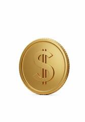 Shiny Golden Coin with Dollar Sign Standing on White Background