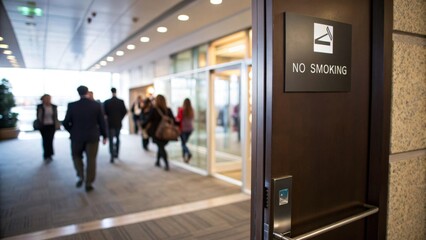 Office No Smoking Policy Sign with Professionals Entering Building - Close-Up View in Modern Workspace