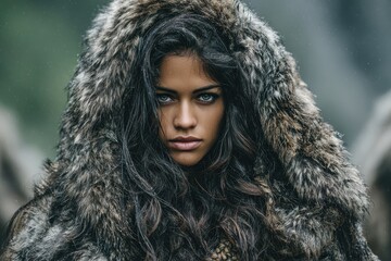Fur-clad woman with piercing gaze