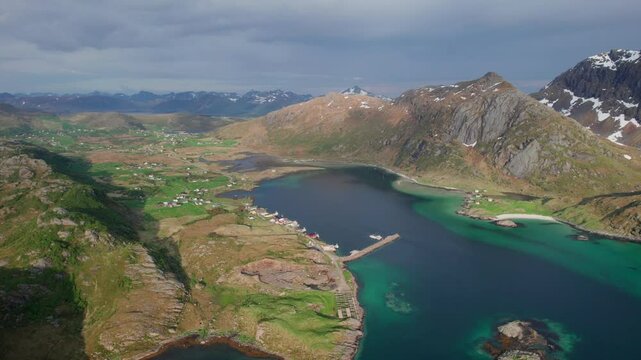Aerial view of a fjord and mountains in the Lofoten Islands, Norway, seen from the Sortland Steinsfjorden Viewpoint