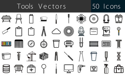50 Tools and Equipment Line Icons – Editable Vector Icon Sheet for UI, Web, and Print