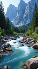 Dolomites Italy — Mountain River Flowing Over Stones with Towering Pine Trees