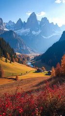 Val di Funes Italy Autumn Valley with Golden and Red Foliage beneath Odle Peaks