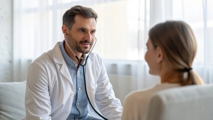 Doctor Examines Patient's Heartbeat in Bright Clinic During Consultation